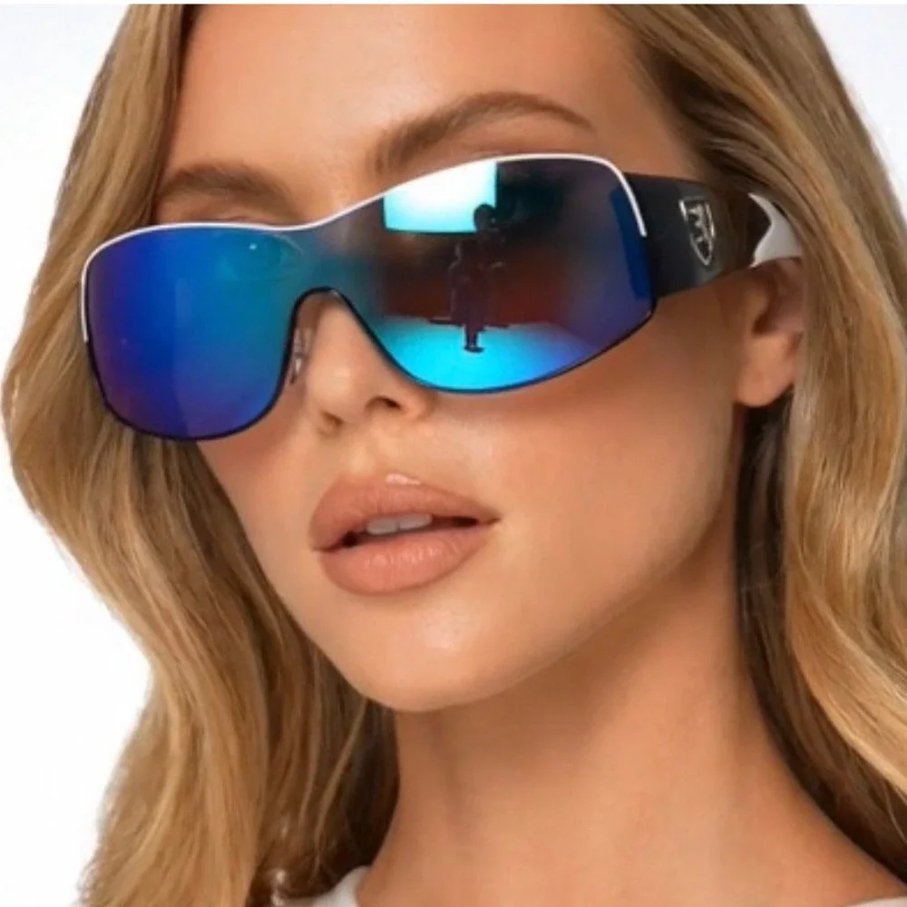 Women Shield Sunglasses Blue Mirrored Black White Wraparound Frame Lentes Gafas‎
